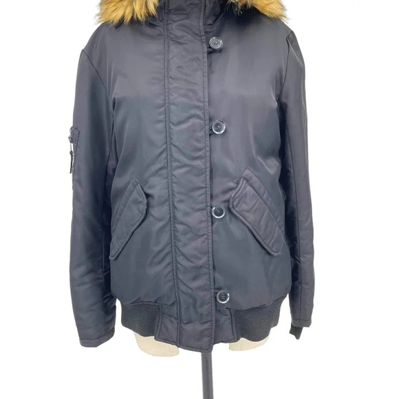 S13‎ Alps Parka Faux Fur Trim Down Hooded Puffer Coat Black Size Medium - Picture 4 of 14